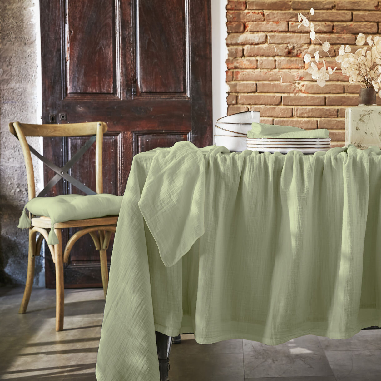 Mantel rectangular en gasa de algodón (L350 cm) Gaïa Verde tilo 1