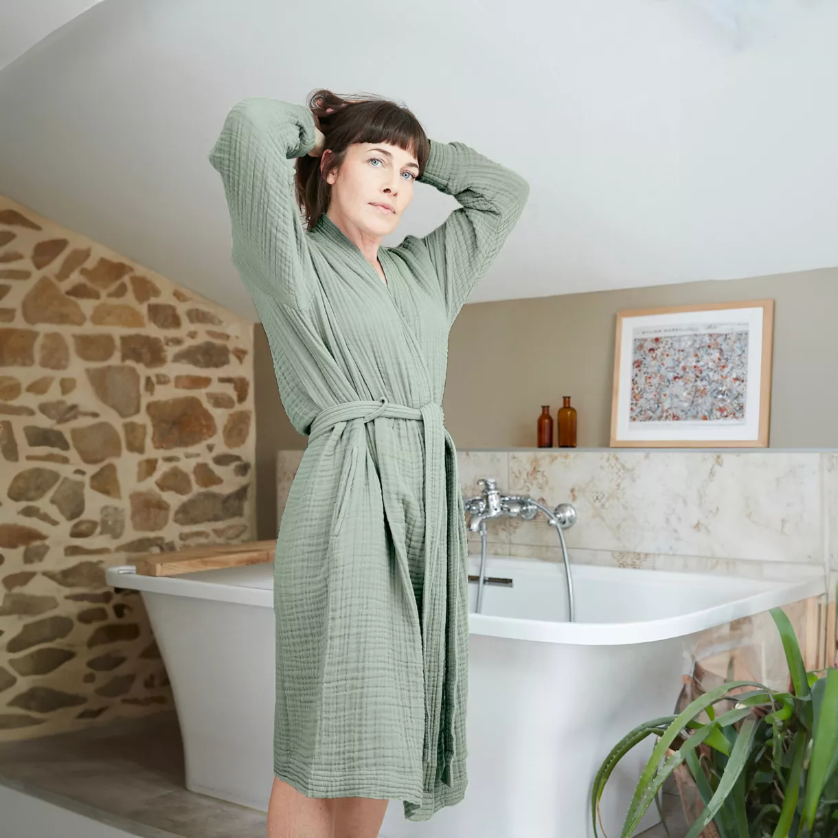 Bademantel aus Baumwoll-Gaze L/XL Gaïa Eukalyptusgrün