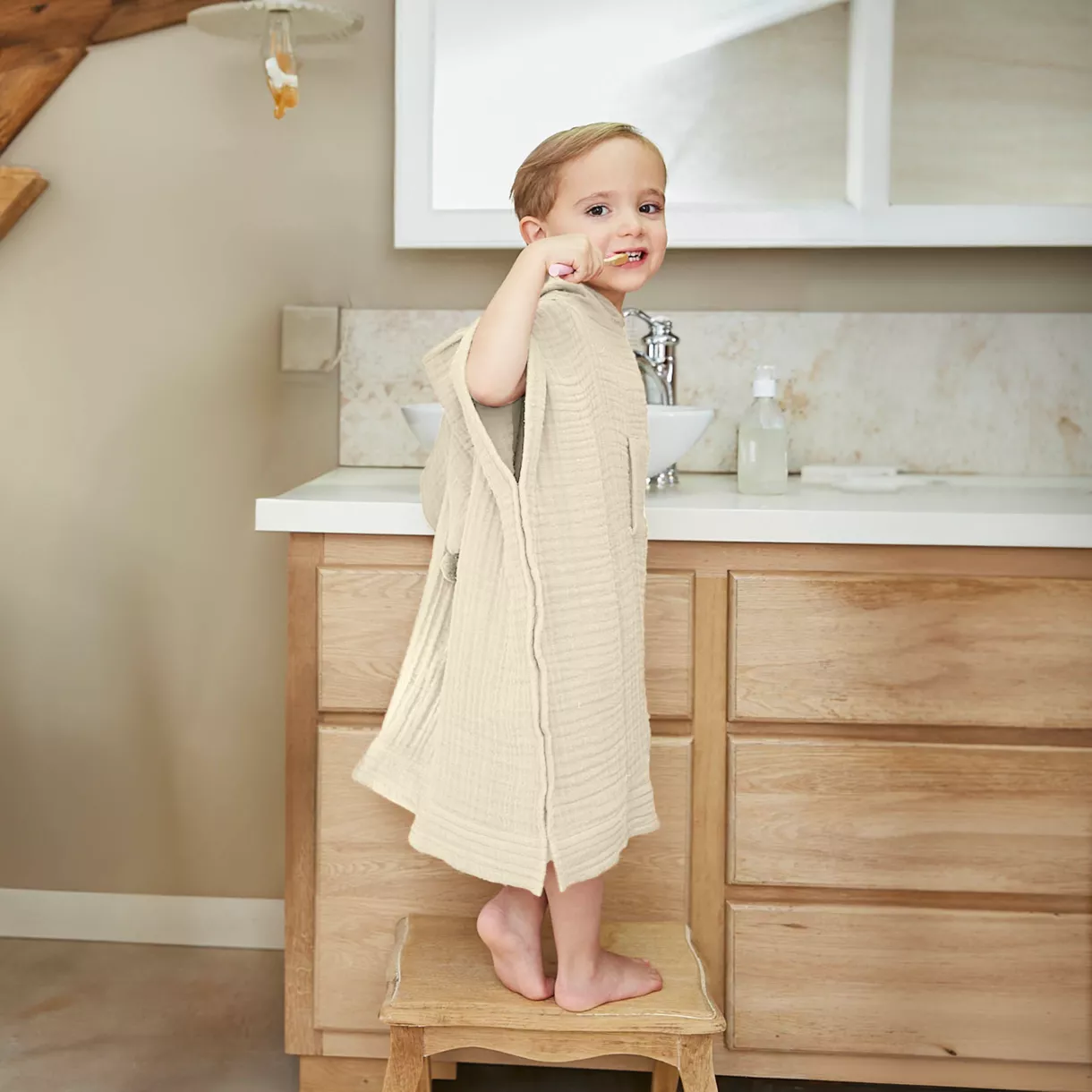 Poncho de baño para niños en gasa de algodón 6/10 años Gaïa Beige pampa