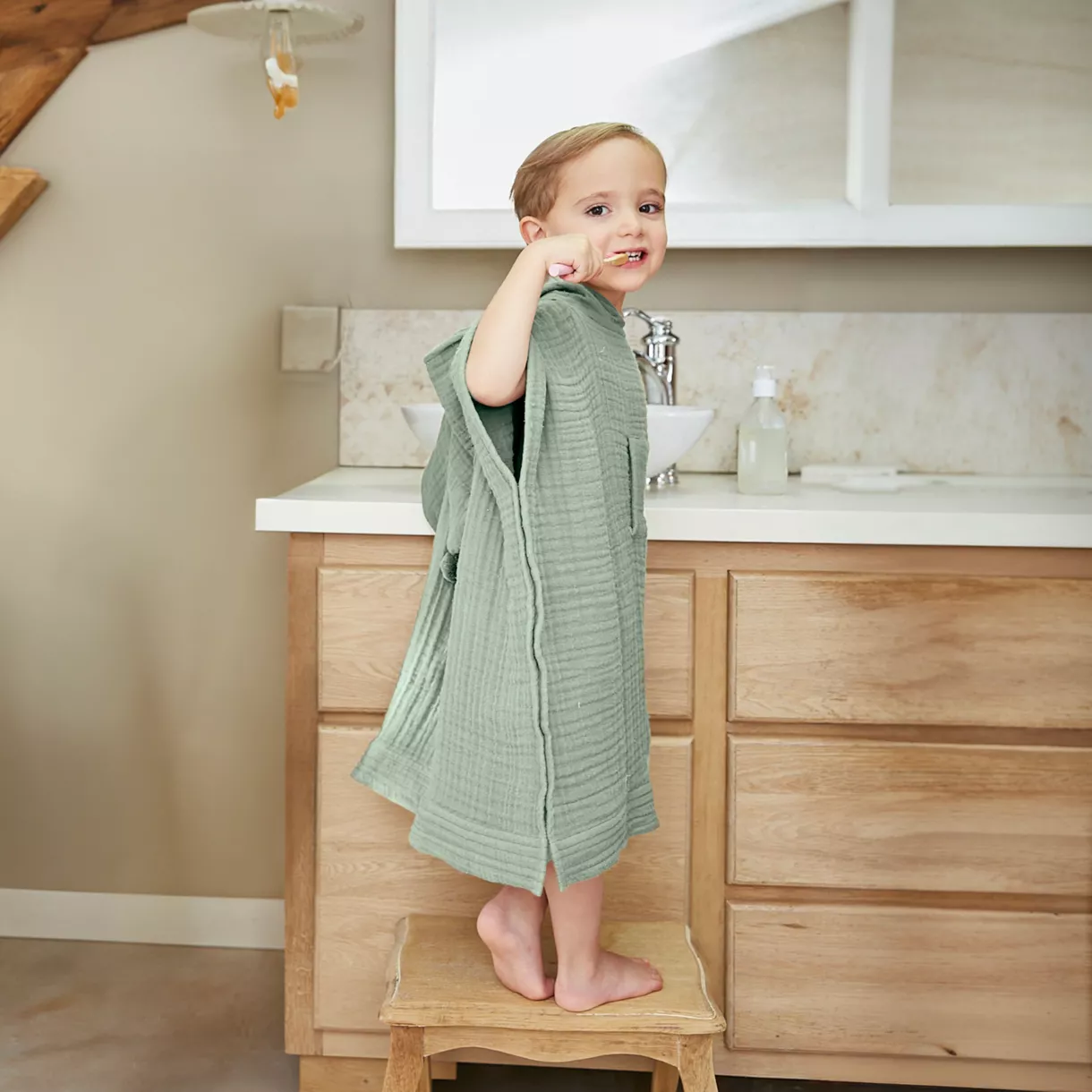 Poncho de baño para niños en gasa de algodón 6/10 años Gaïa Verde eucalipto