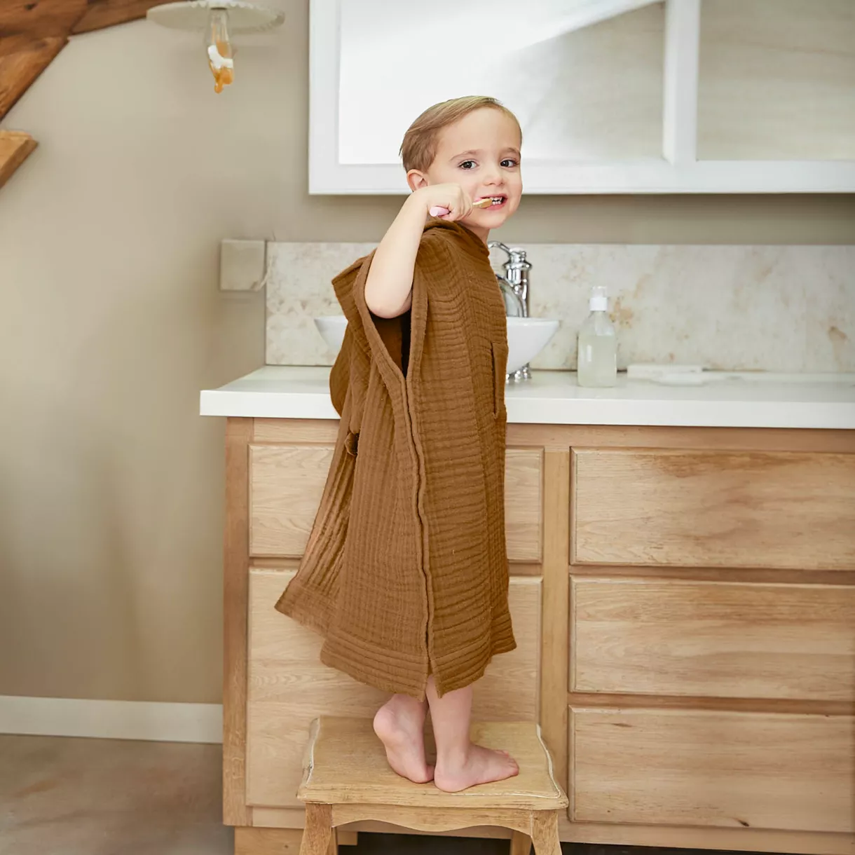 Poncho de baño para niños en gasa de algodón 6/10 años Gaïa Camel