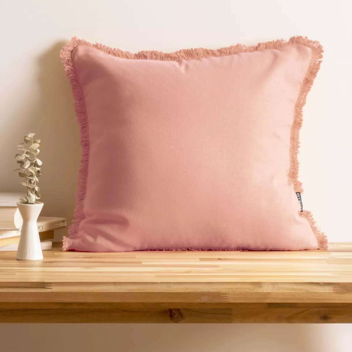 Coussin carré coton (45 x 45 cm) Pixel franges Rose pêche