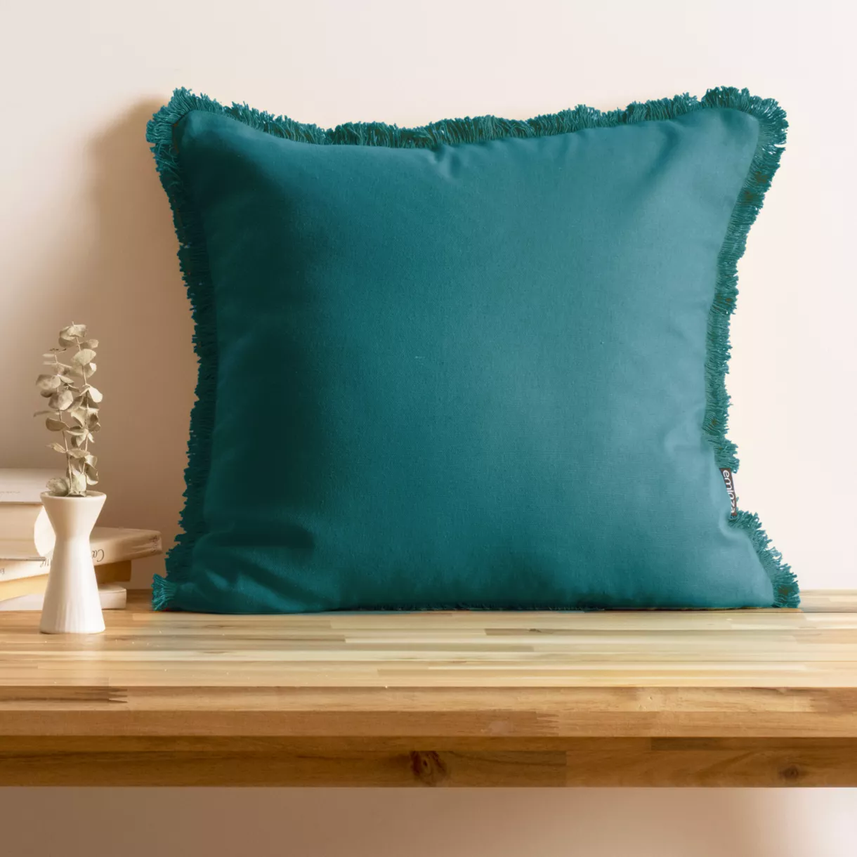 Coussin carré coton (45 x 45 cm) Pixel franges Bleu canard