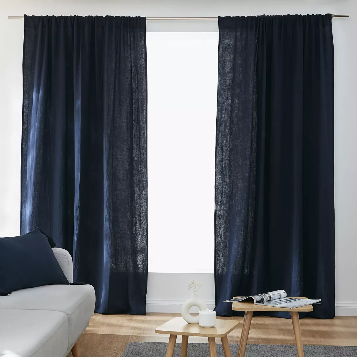 Cortina de gasa de algodón cinta fruncidora (140 x 240 cm) Gaïa Azul noche