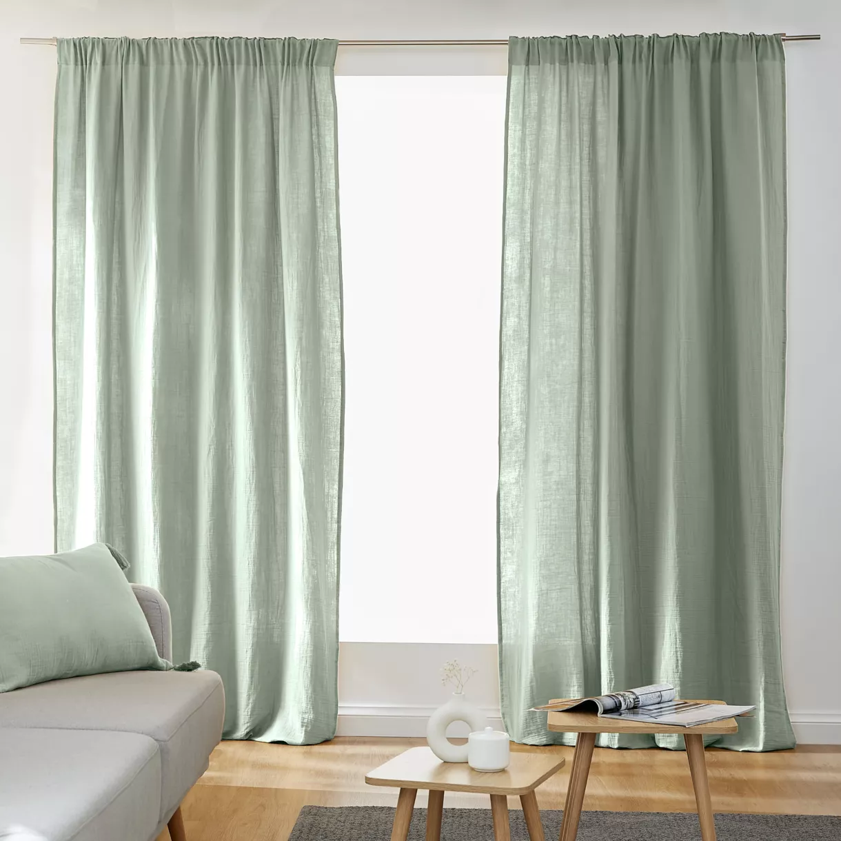 Rideau gaze de coton galon fronceur (180 x 240 cm) Gaïa Vert eucalyptus