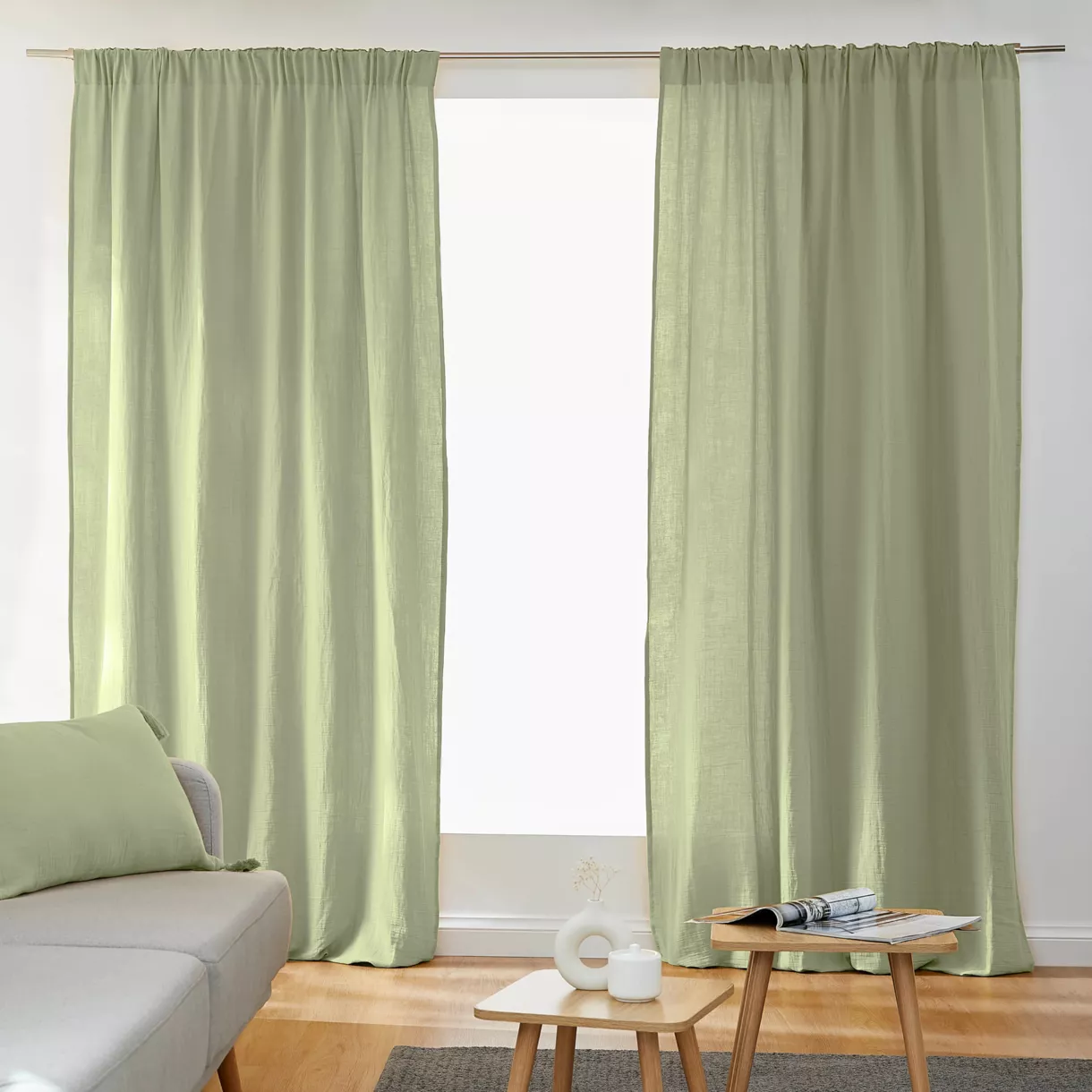 Rideau gaze de coton galon fronceur (140 x 240 cm) Gaïa Vert tilleul