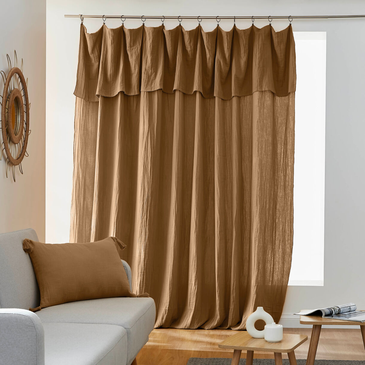 Rideau gaze de coton ajustable (280 x max 300 cm) Gaïa Camel