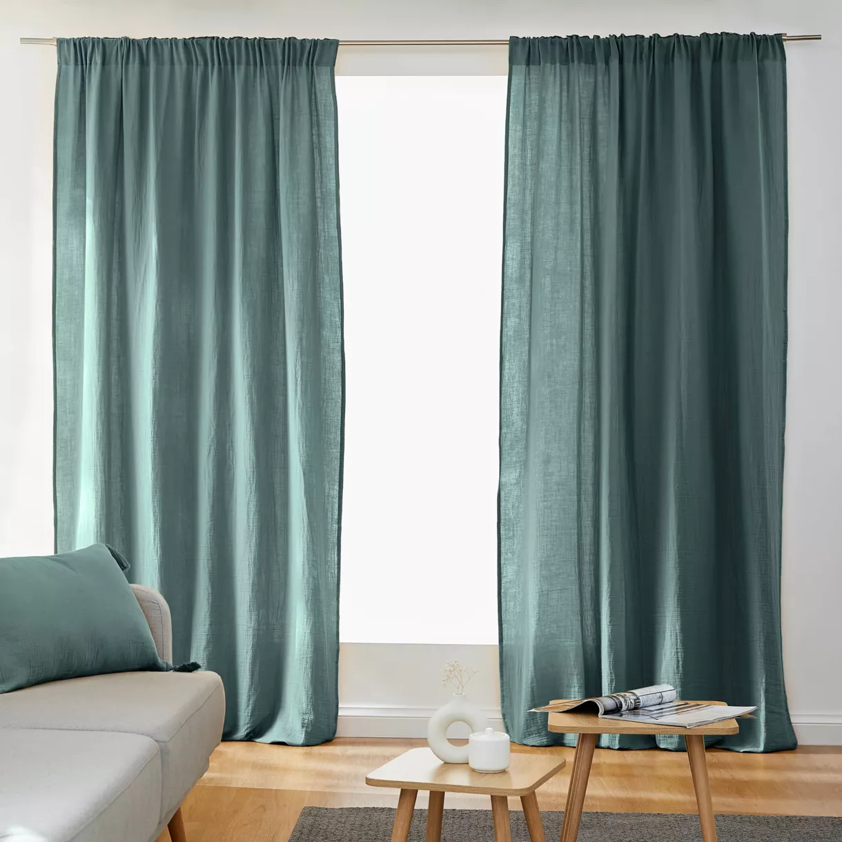 Rideau gaze de coton galon fronceur (180 x 240 cm) Gaïa Bleu canard