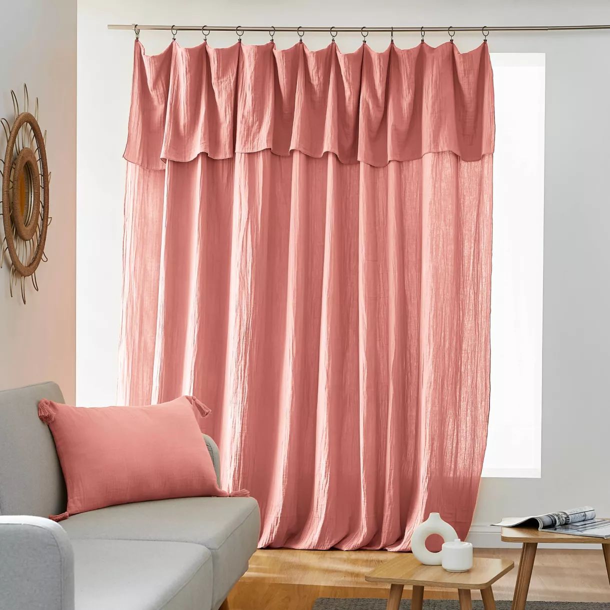 Rideau gaze de coton ajustable (280 x max 300 cm) Gaïa Rose pêche