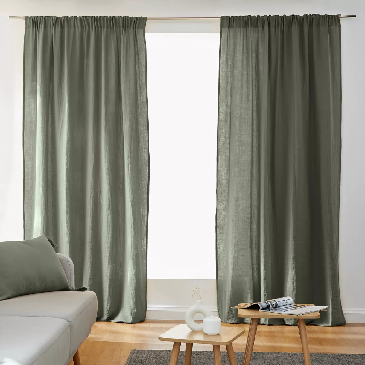 Cortina de gasa de algodón con cinta fruncidora (140 x 240 cm) Gaïa Verde romero