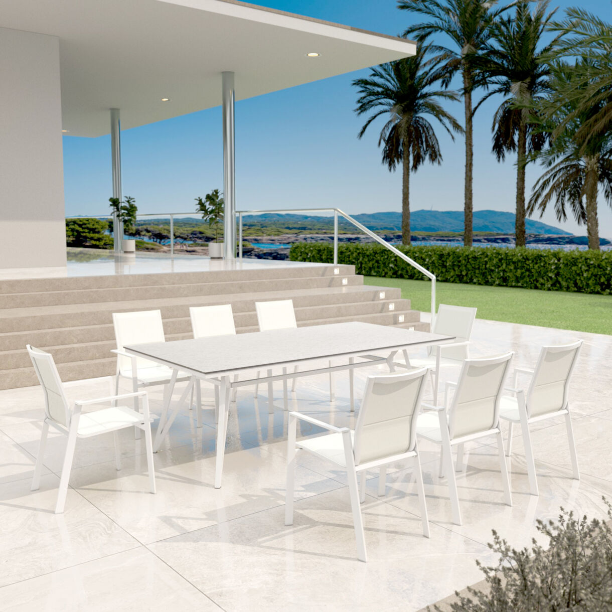 Table de jardin aluminium/HPL 10 places (220 x 115 cm) Biarritz - Effet pierre Blanc