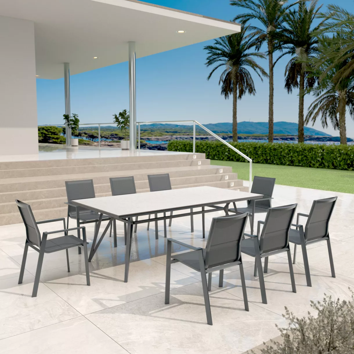 Mesa de jardín en aluminio/HPL 10 lugares (220 x 115 cm) Biarritz - Efecto piedra Blanco/Antracita