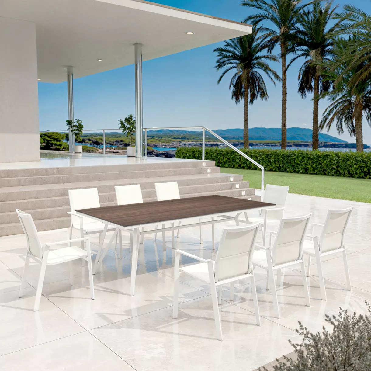 Mesa de jardín en aluminio/HPL 10 lugares (220 x 115 cm) Biarritz - Efecto madera/Blanco