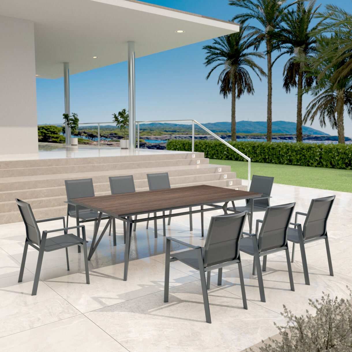 Tavolo da giardino alluminio/HPL 10 posti (220 x 115 cm) Biarritz - Effetto legno/grigio antracite