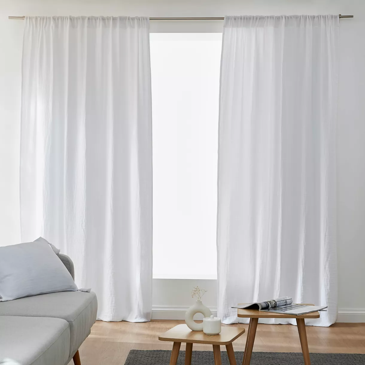 Rideau gaze de coton galon fronceur (140 x 240 cm) Gaïa Gris nuage
