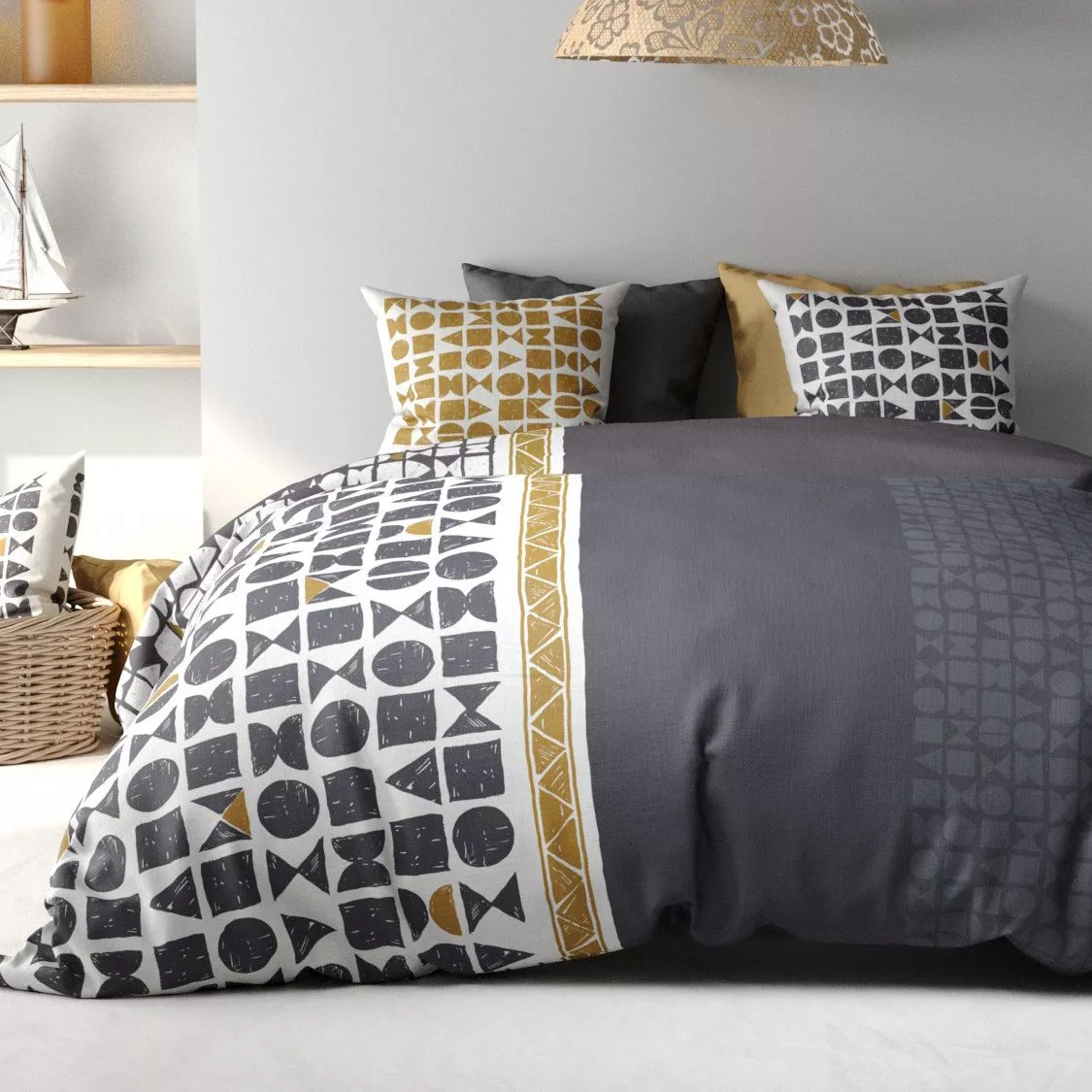 Funda nórdica y dos fundas para almohadones algodón (260 cm) Union Gris
