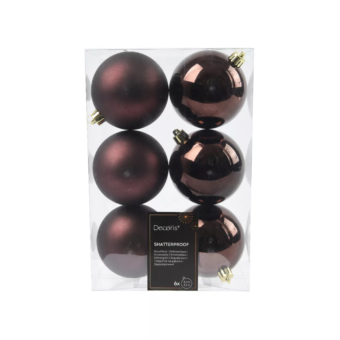 Lot de 6  Boules incassable brill- mat ALPINE dia8.00cm noir truffe