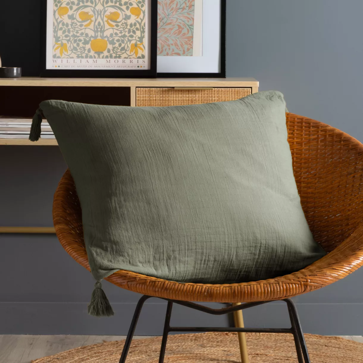 Coussin carré gaze de coton (60 x 60 cm) Gaïa Vert romarin