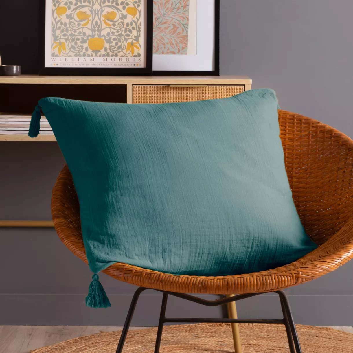 Coussin carré gaze de coton (60 x 60 cm) Gaïa Bleu canard