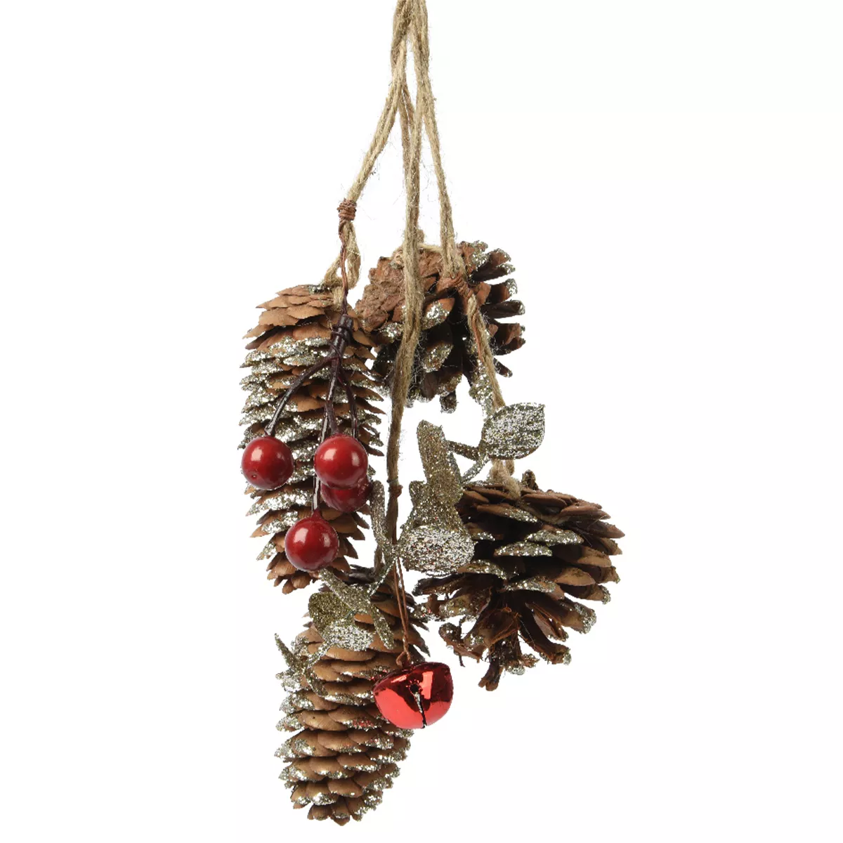 eminza Branche de pommes de pin (H25 cm) Clochette Rouge