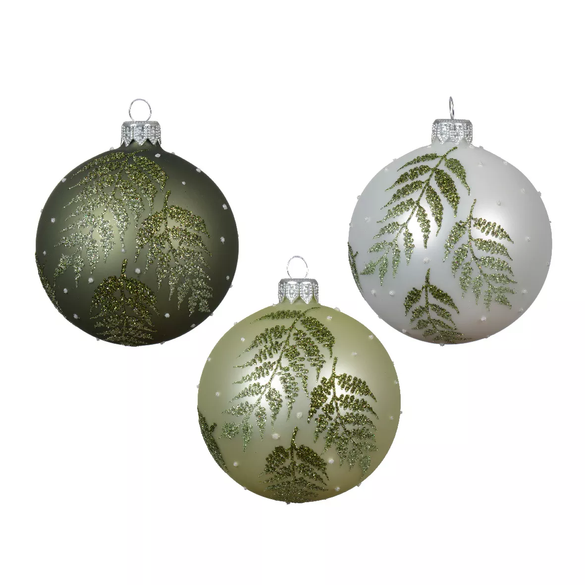 Lot de 6 boules de Noël en verre (D80 mm) Fougères Vert et blanc