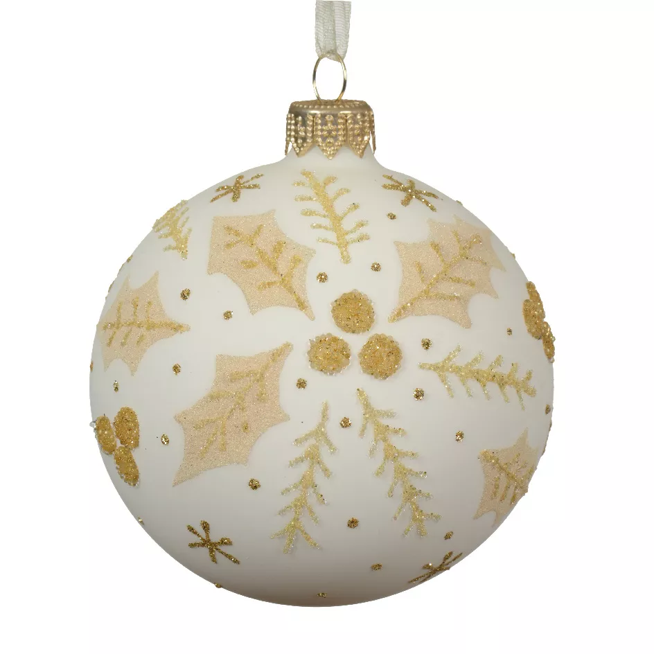Lot de 6 boules de Noël en verre (D80 mm) Houx Blanc laine