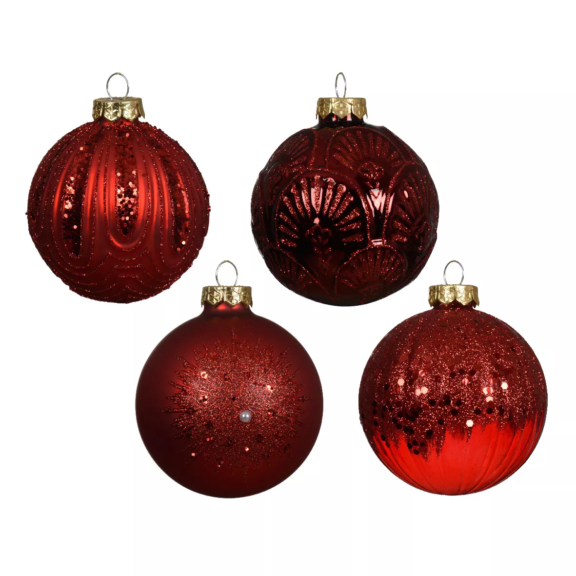 Lote de 12 bolas de Navidad de vidrio (D80 mm) Gatsby Rojo con purpurina