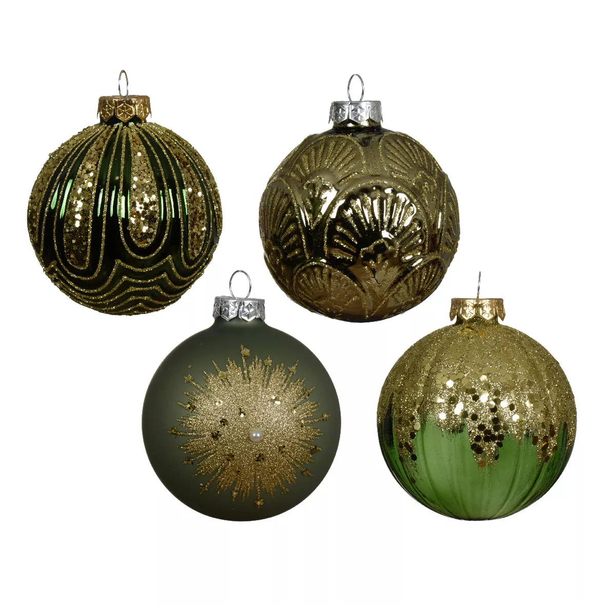 Lot de 12 boules de Noël en verre (D80 mm) Sequins et Paillettes Vert sapin