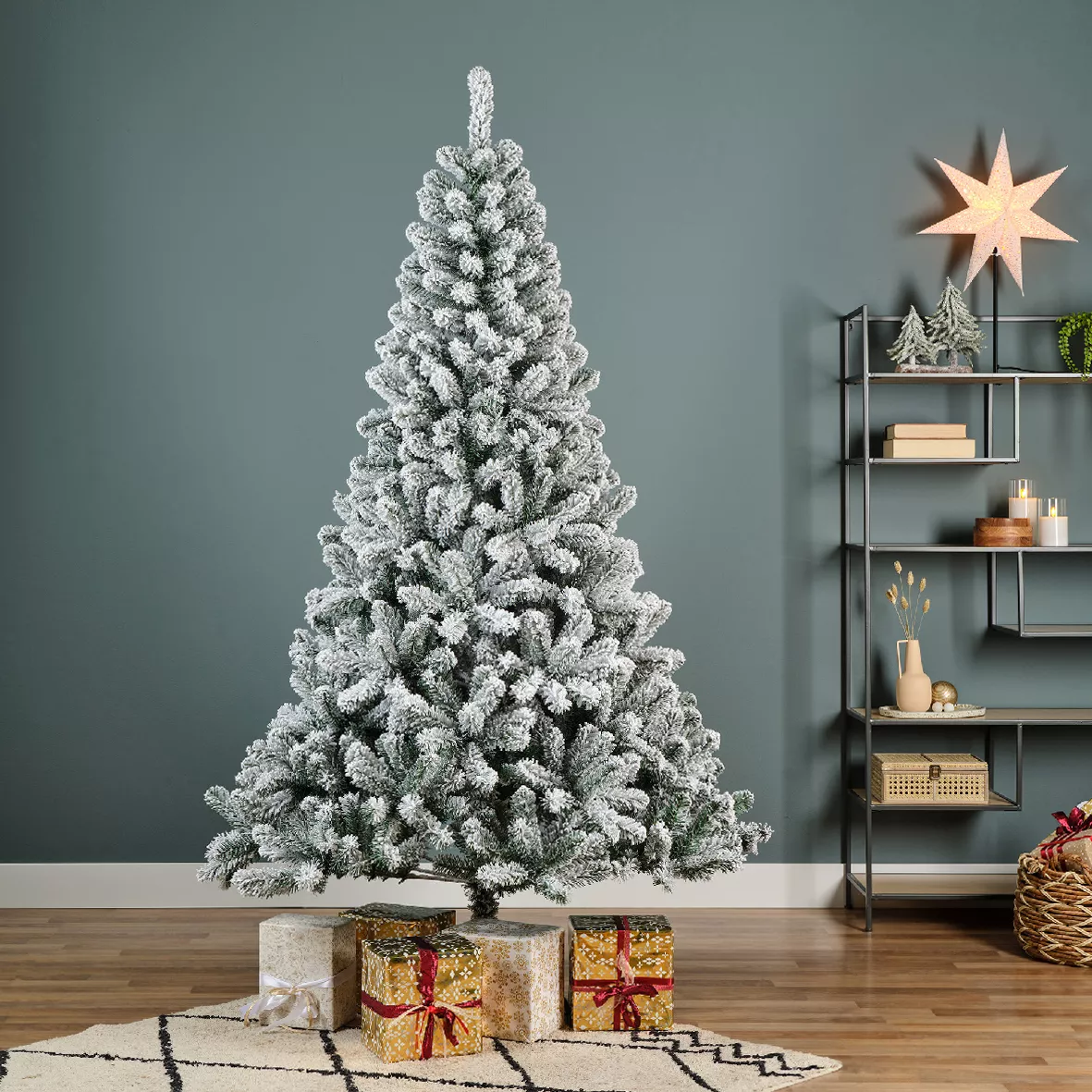Árbol artificial de Navidad con luces 320 LED H210 cm King Verde nevado