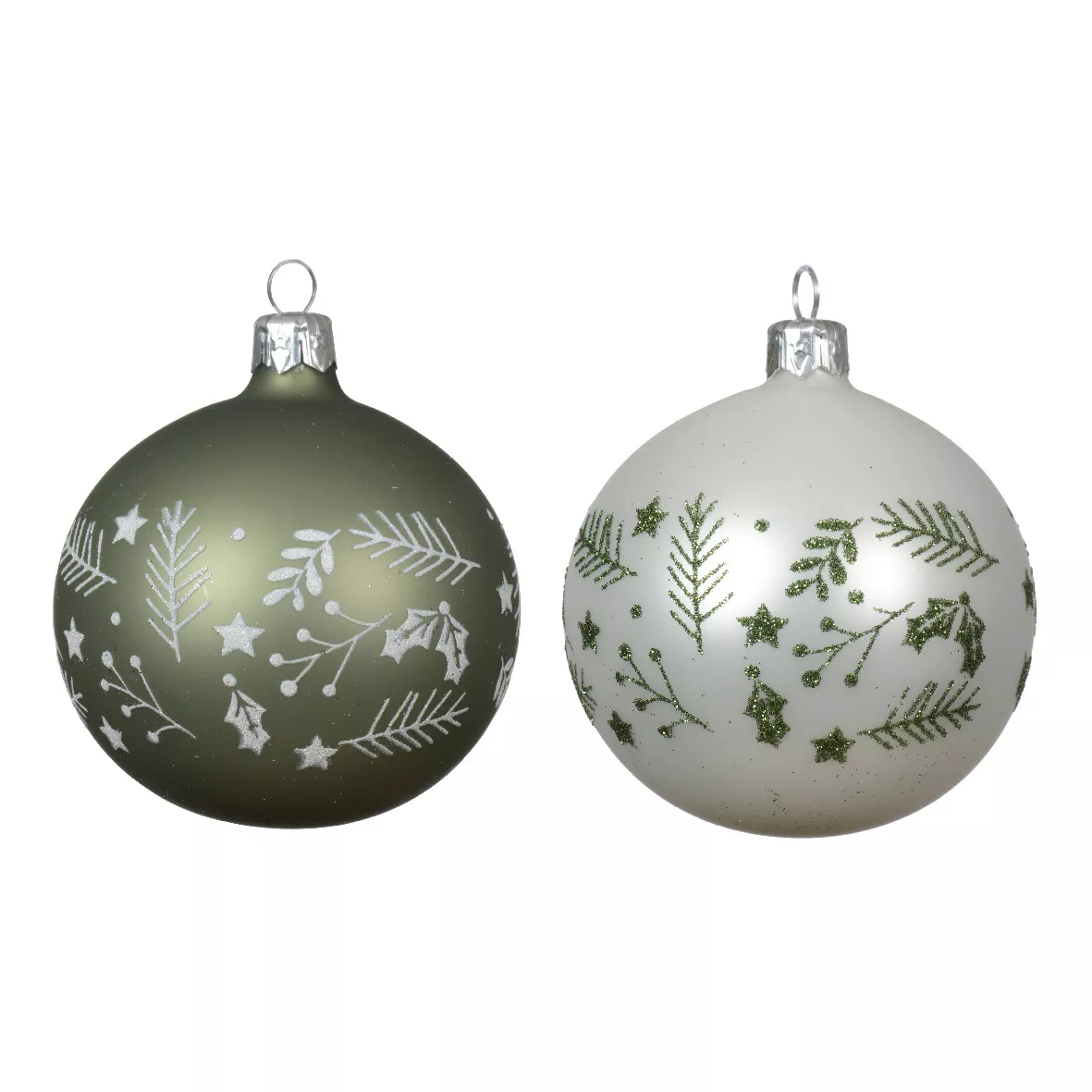 Lot de 6 boules de Noël en verre (D80 mm) Forêt Blanc et Vert romarin