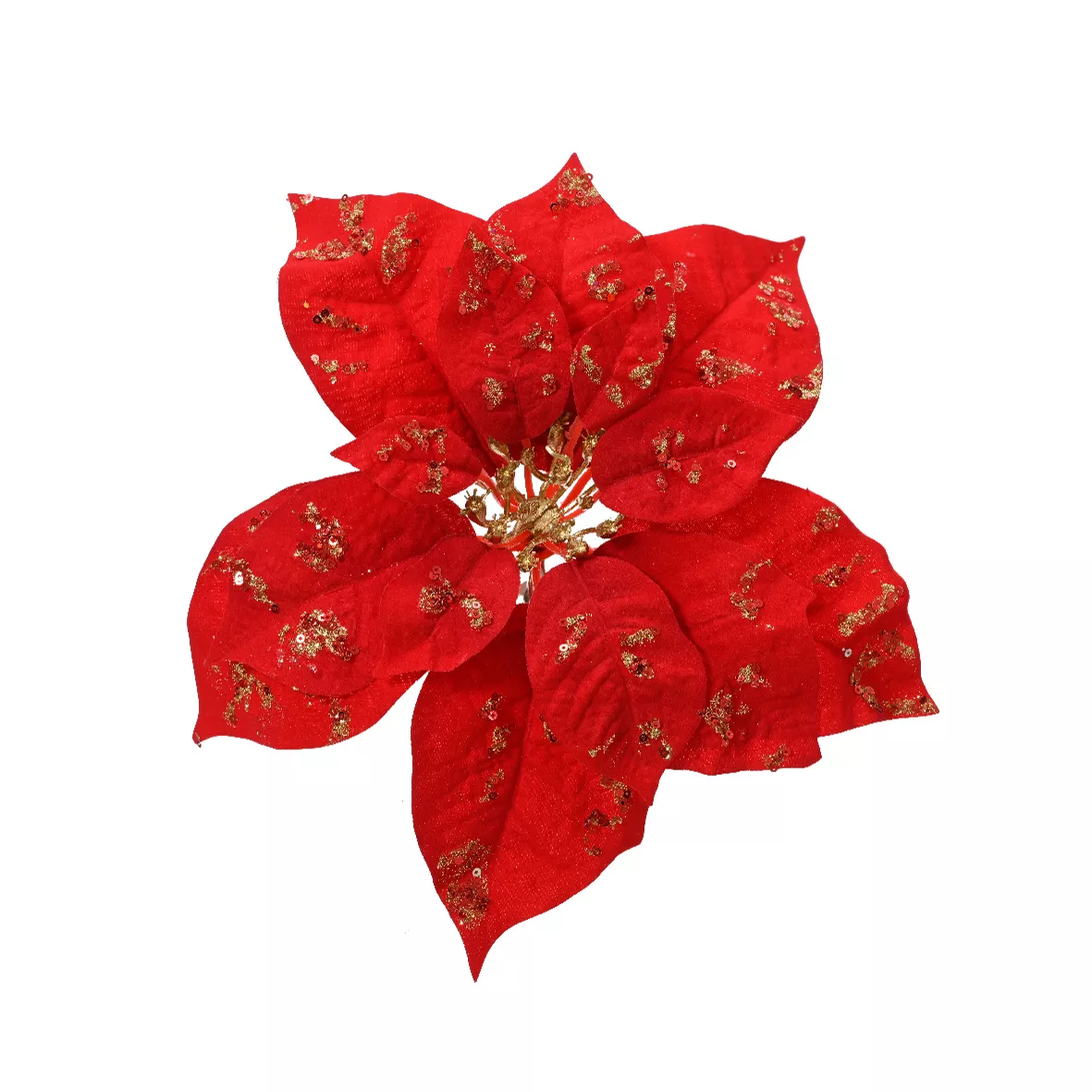 Poinsettia de Noël sur clip (D25 cm) Velours scintillant Rouge et or