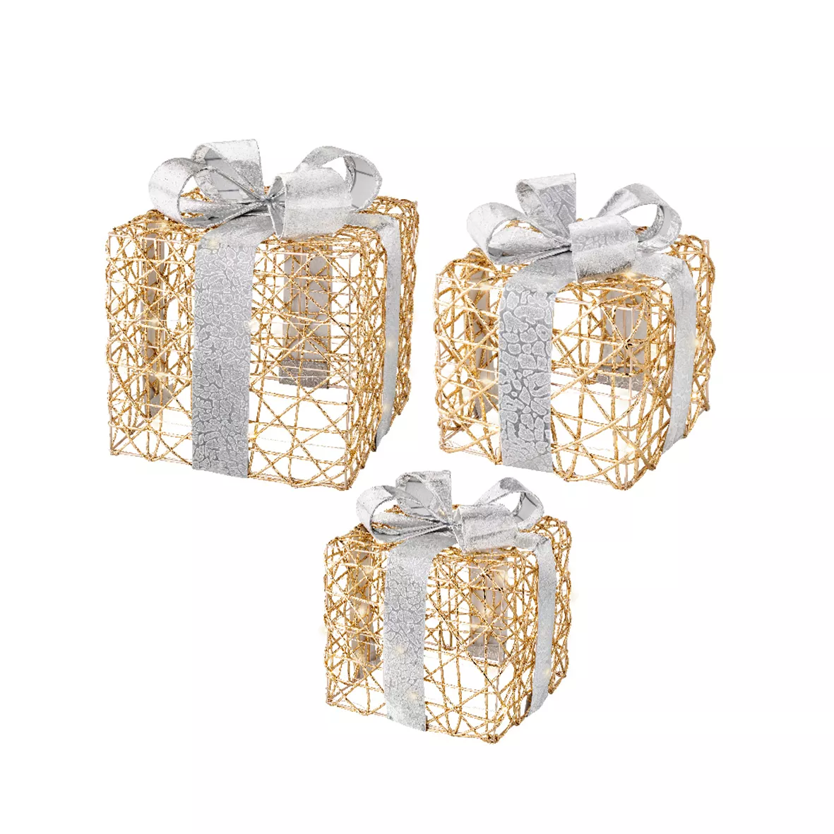 Set de 3  Micro LED boite cadeau intŽrieur L25.00-W25.00-H29.00cm-90L or/blanc chaud