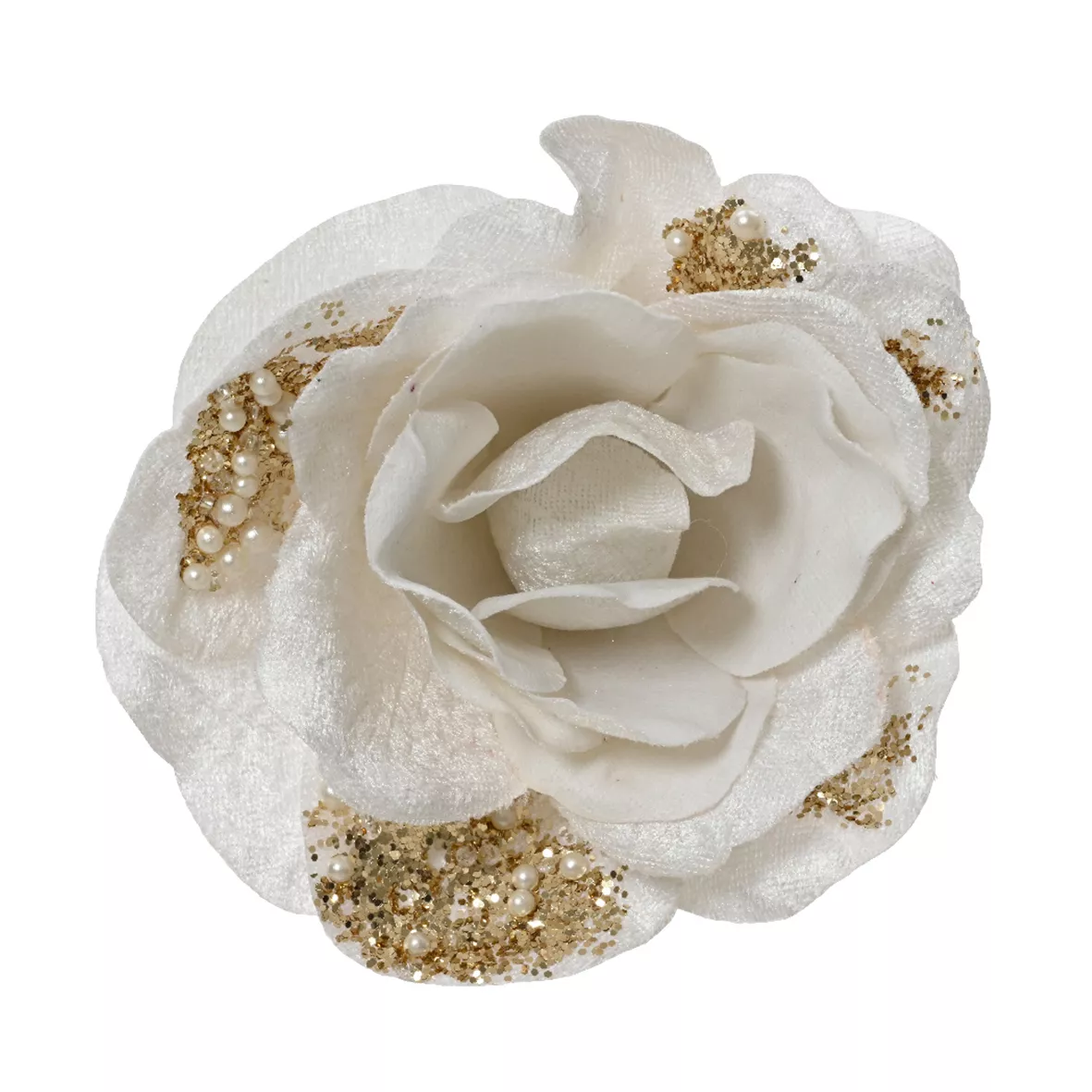 Fleur de Noël (D13 cm) Rose pailletée et perles Blanc