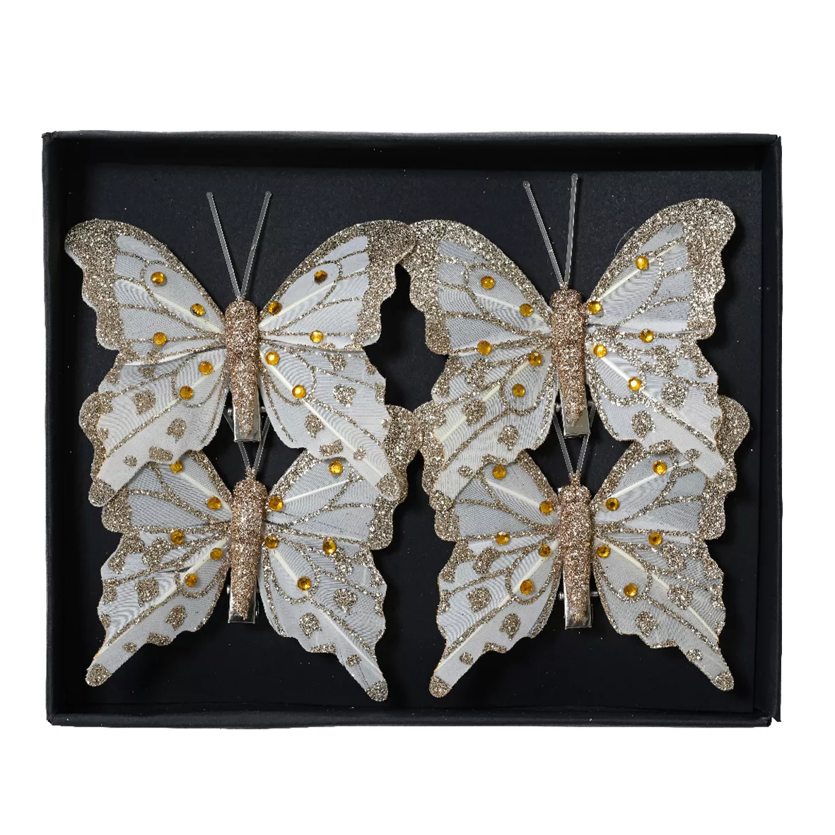 Lote de 4 Mariposas en pinza (H8 cm) Destellos y perlas Doradas