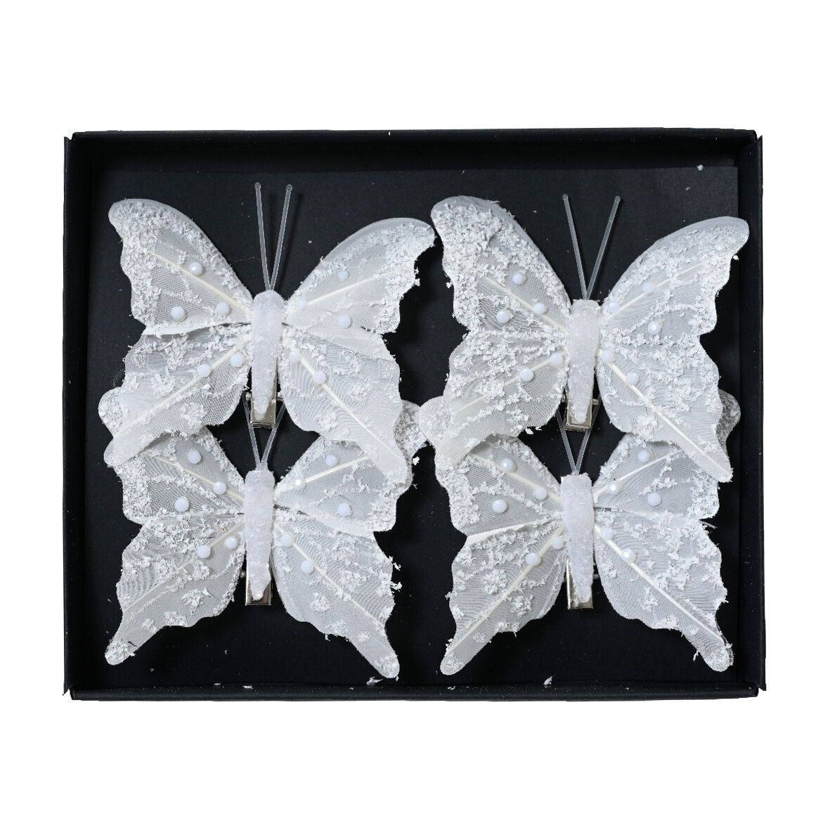 Lot de 4 Papillons sur pince (H8 cm) Éclats et perles Blanc d'hiver