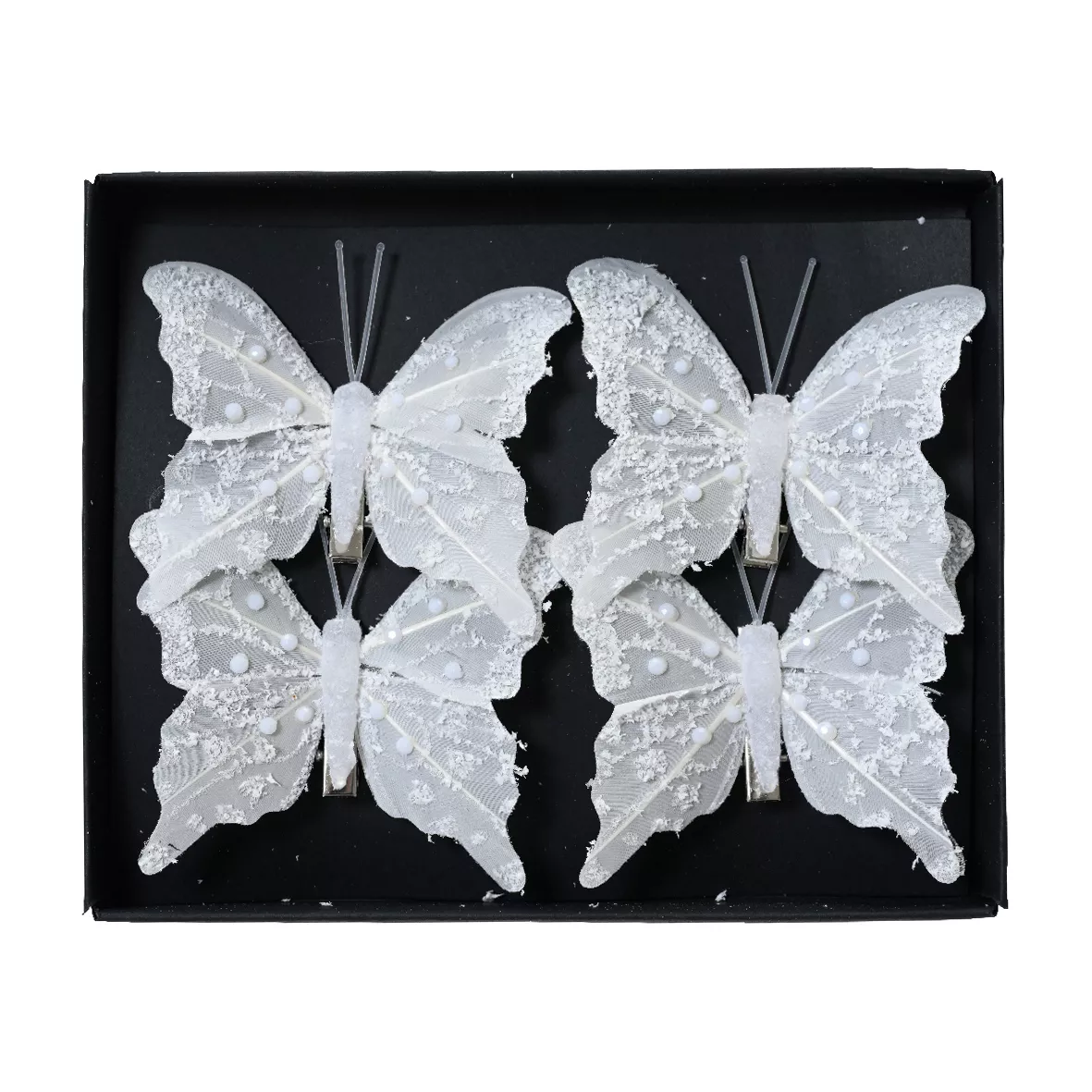Lote de 4 Mariposas en pinza (H8 cm) Destellos y perlas Blanco de invierno