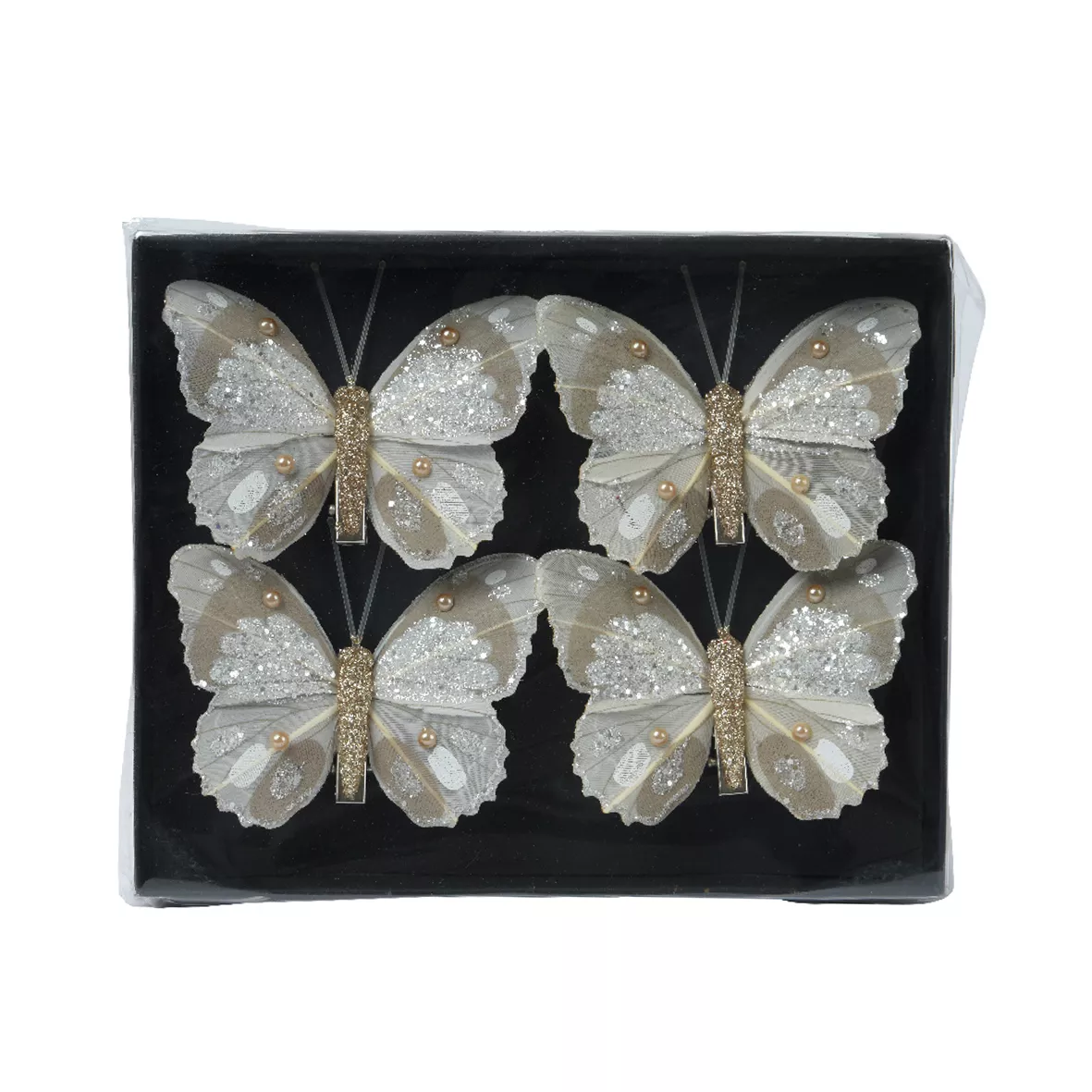 Lote de 4 Mariposas en pinza (H8 cm) Destellos y perlas Champagne