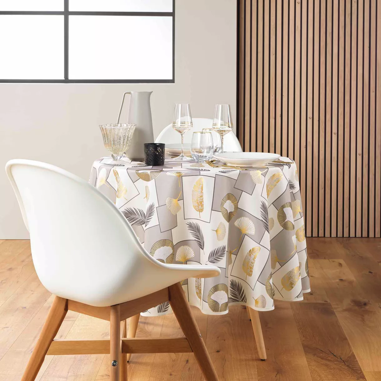 NAPPE RONDE (0) 180 CM POLYESTER IMPRIME METALLISE NATANE NATUREL