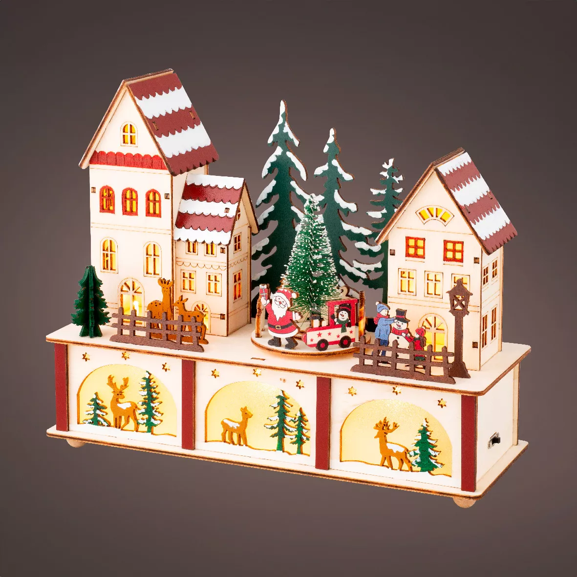 Verlicht en muzikaal houten Kerstdorp op batterijen (27 x H22 cm) Hart van het kleurrijke dorp