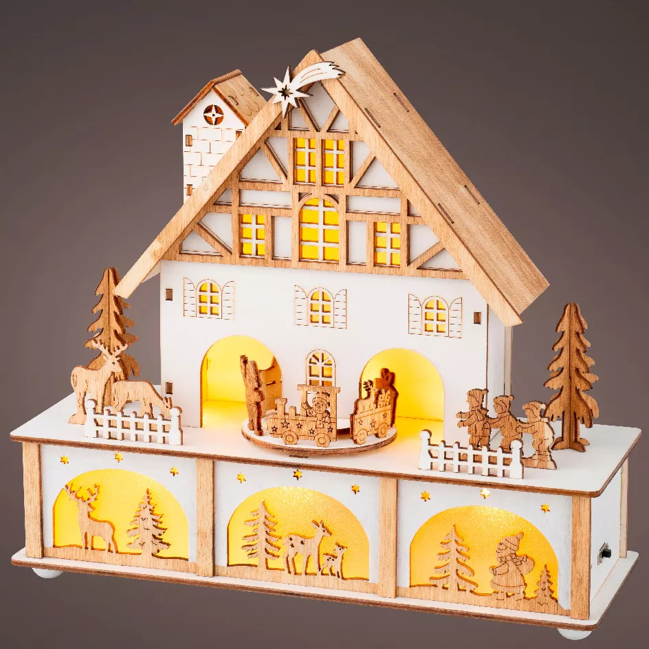 Verlicht en muzikaal houten Kerstdorp op batterijen (27 x H24 cm) Wit Zwitsers Chalet