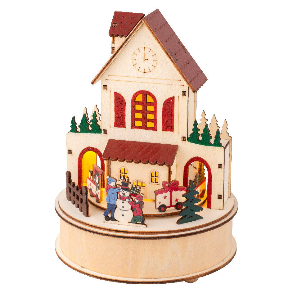 Villaggio di Natale illuminato e musicale a pile in legno (H20 cm) Casa allegra Colorata