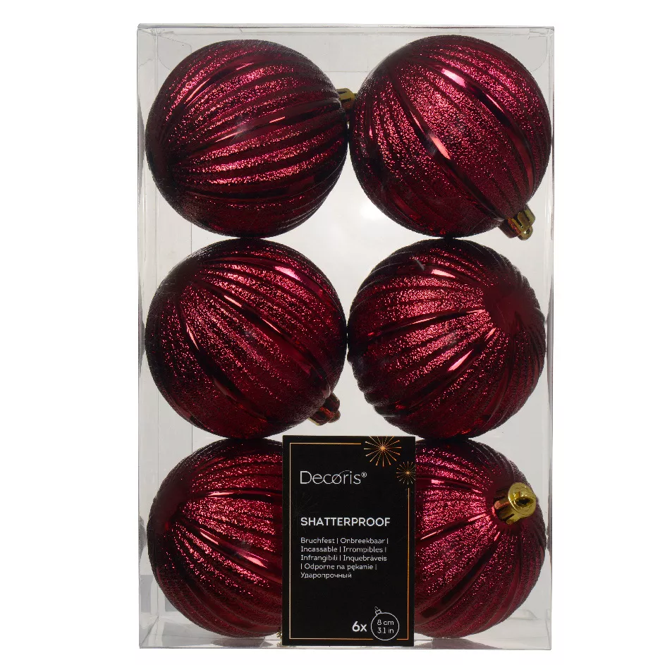 eminza Lot de 6 boules de Noël (D80 mm) Glamour Bordeaux