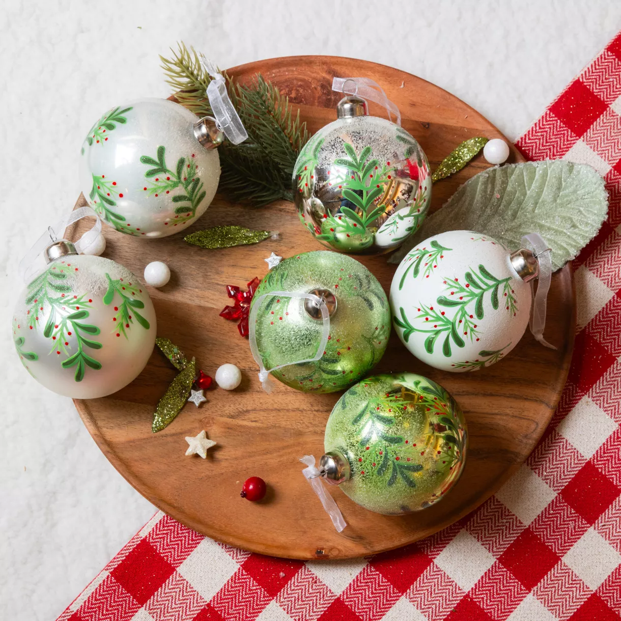 Lote de 6 bolas de Navidad de vidrio (D80 mm) Hojas de Acebo Verde
