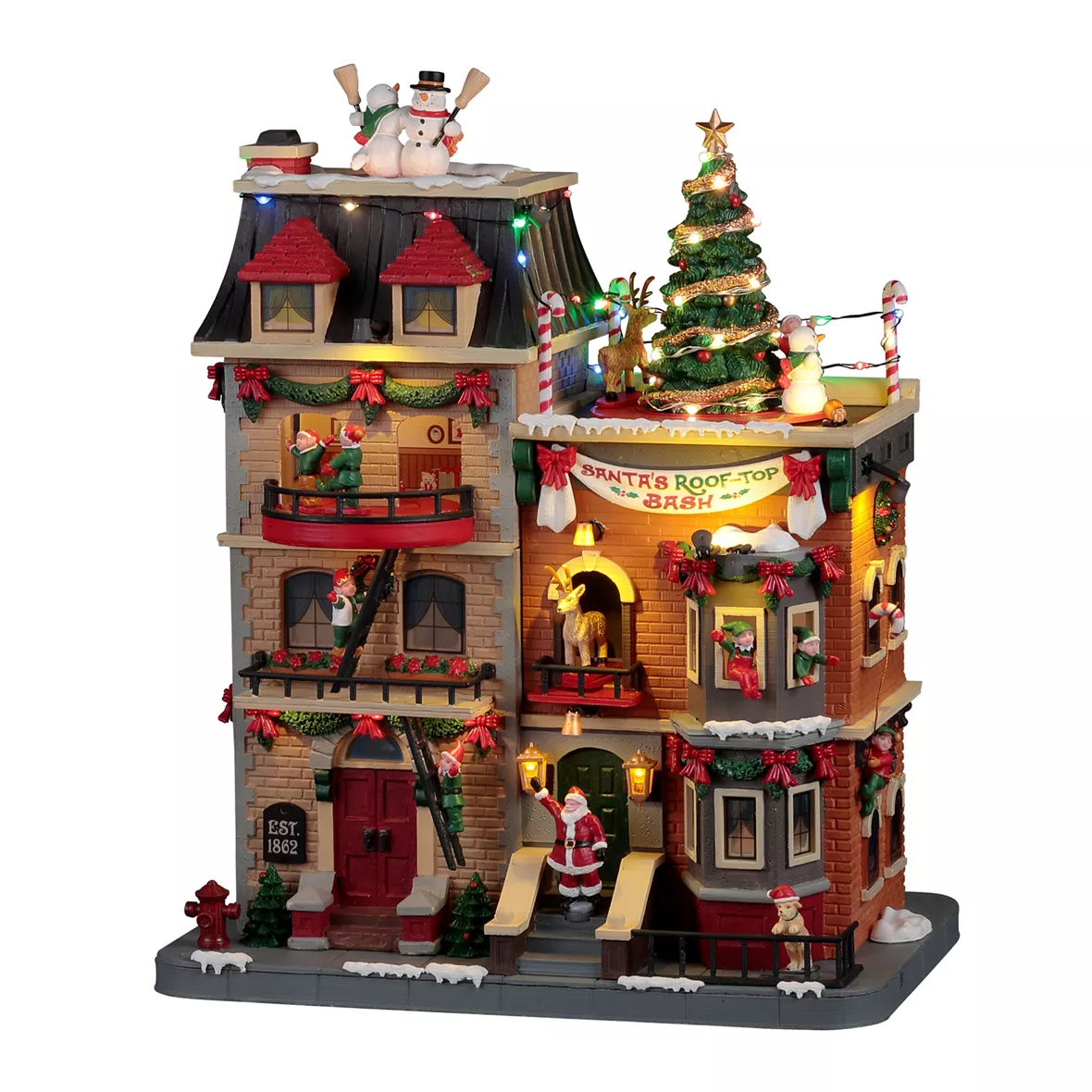 eminza Village de Noël Lemax lumineux musical et animé Fête du Père Noël sur les toits