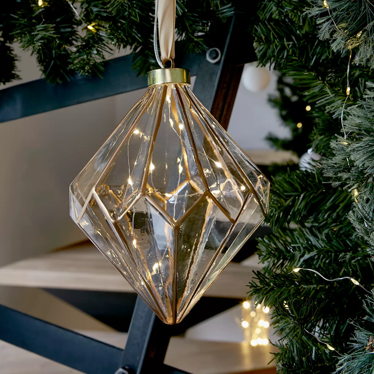 Batterijgevoede glanzende diamant 15 LED (H20 cm) Vintage Goud/warm wit