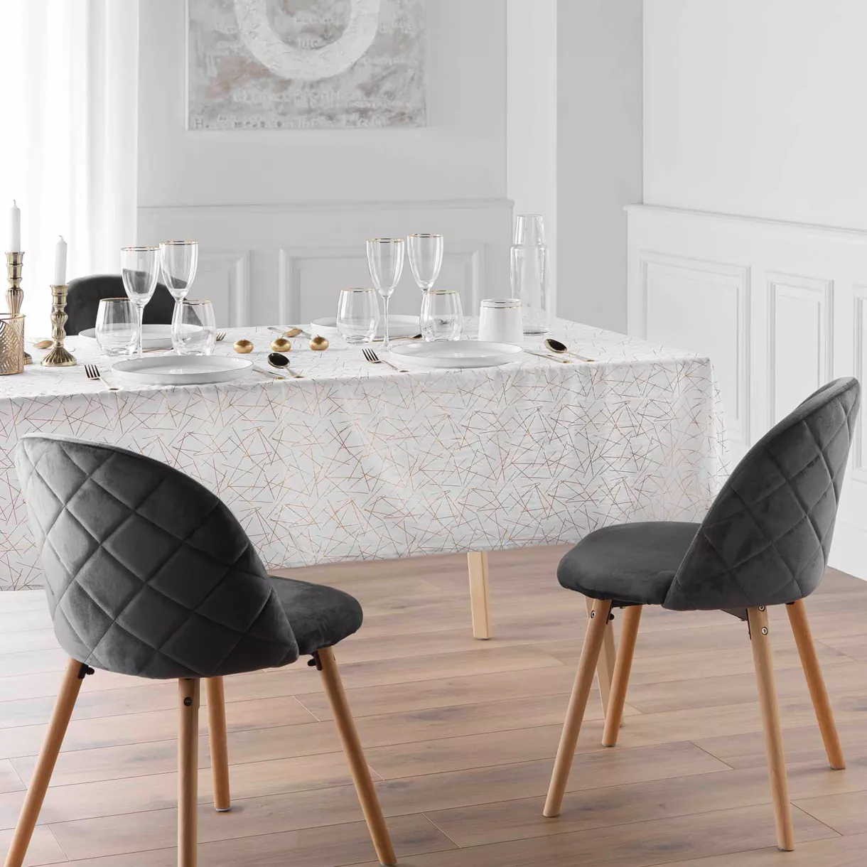 Nappe de Noël rectangulaire anti tache (140 x 240 cm) Mikado Blanc et doré