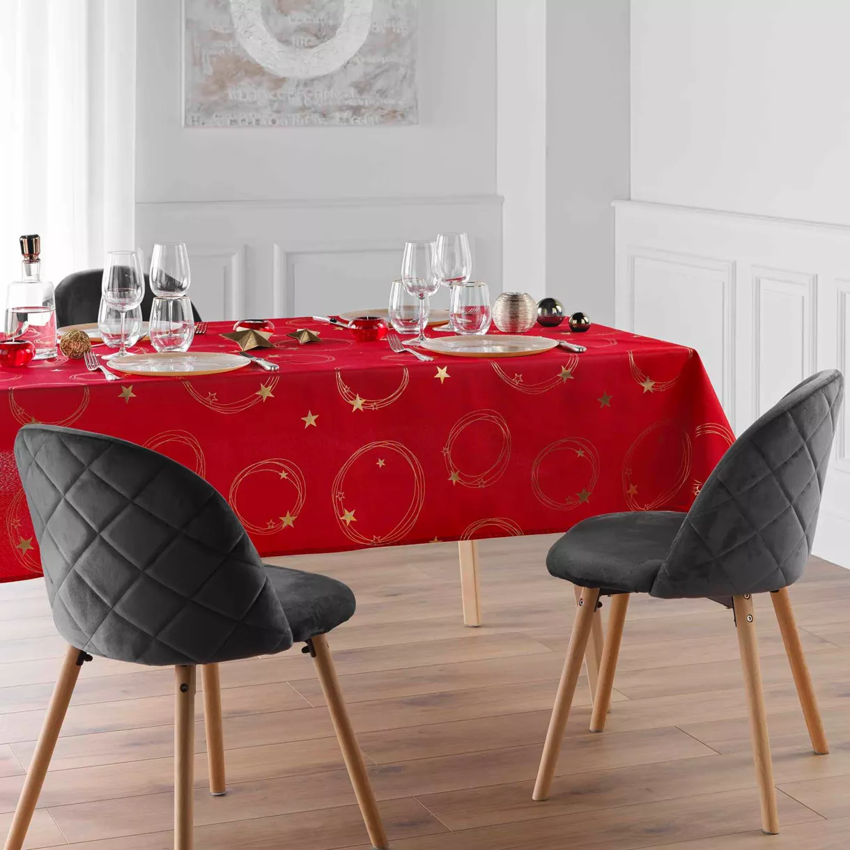 Nappe de Noël rectangulaire anti tache (150 x 240 cm) Star Rouge et doré