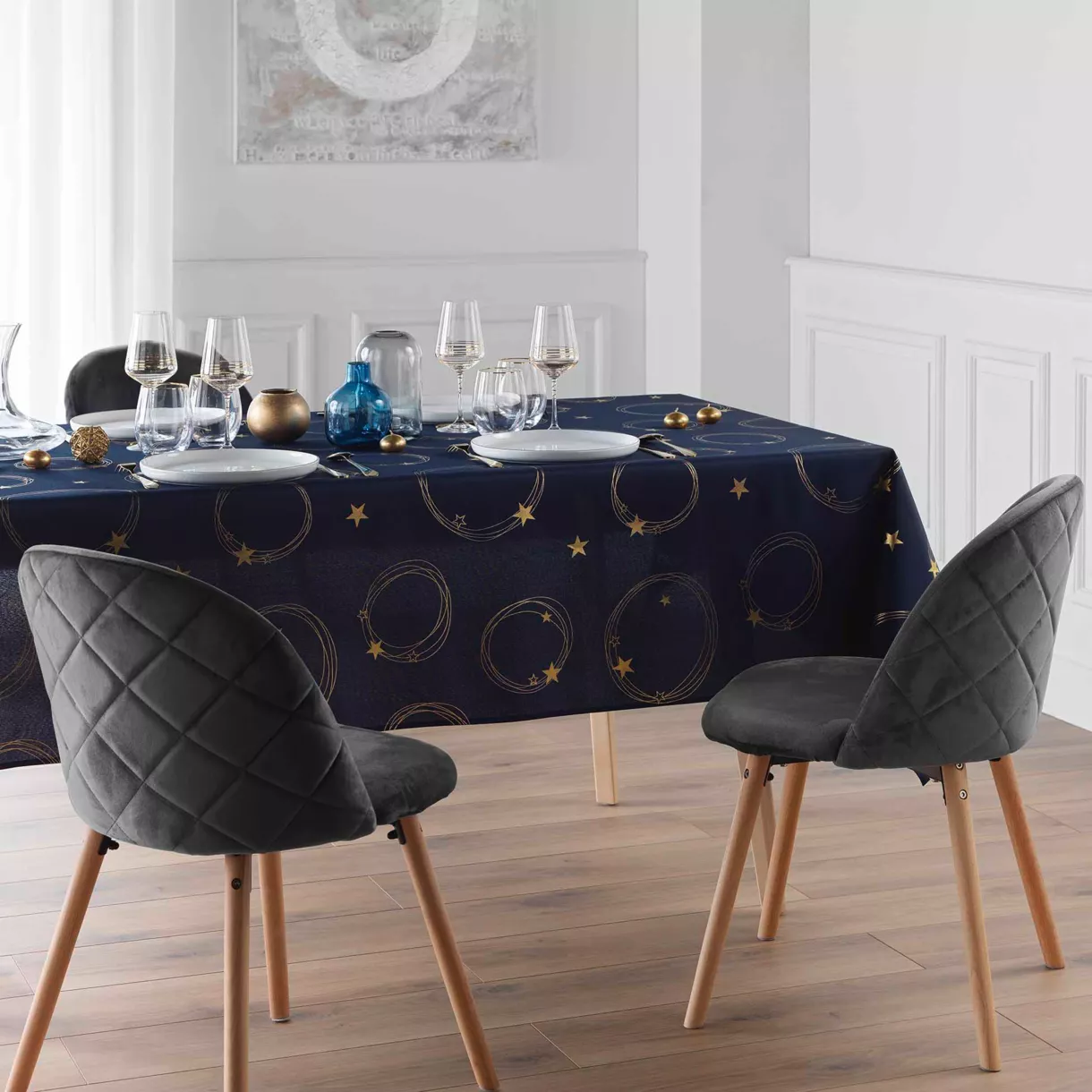 Kerst tafelkleed rechthoekig vlekbestendig (150 x 240 cm) Ster Marineblauw en goud
