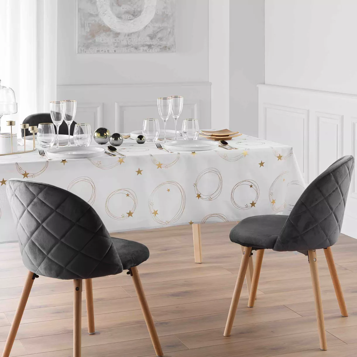 Rechteckige Tischdecke fleckenabweisend (150 x 240 cm) Star Weiß und Gold