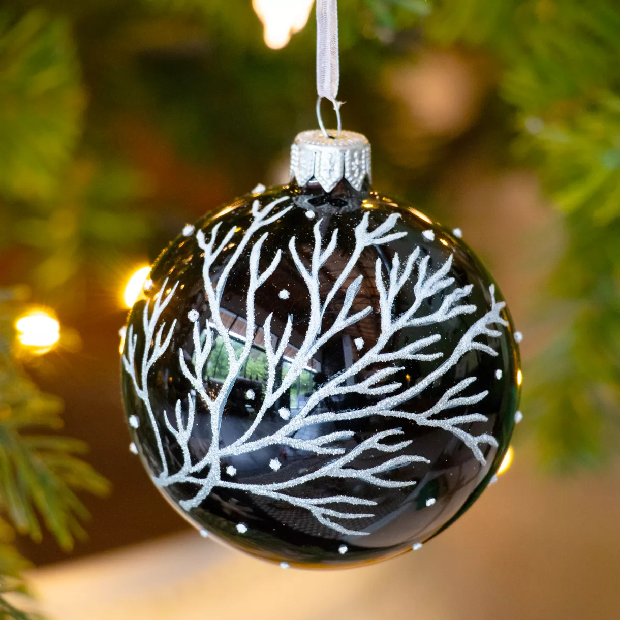 Lote de 6 bolas de Navidad de vidrio (D80 mm) Ramas de invierno Negro